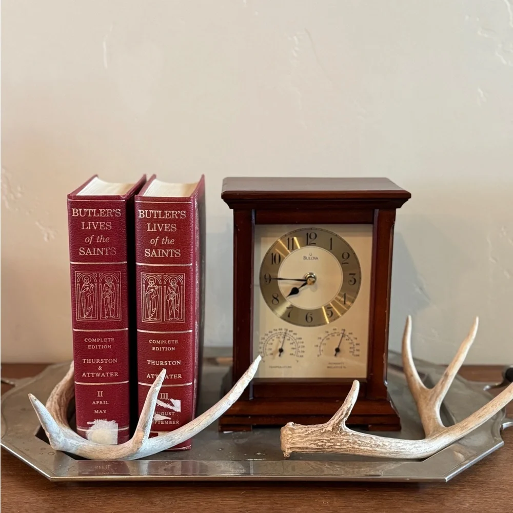 Vintage Bulova Gold and Brown Mantle Clock with Thermometer and Hygrometer